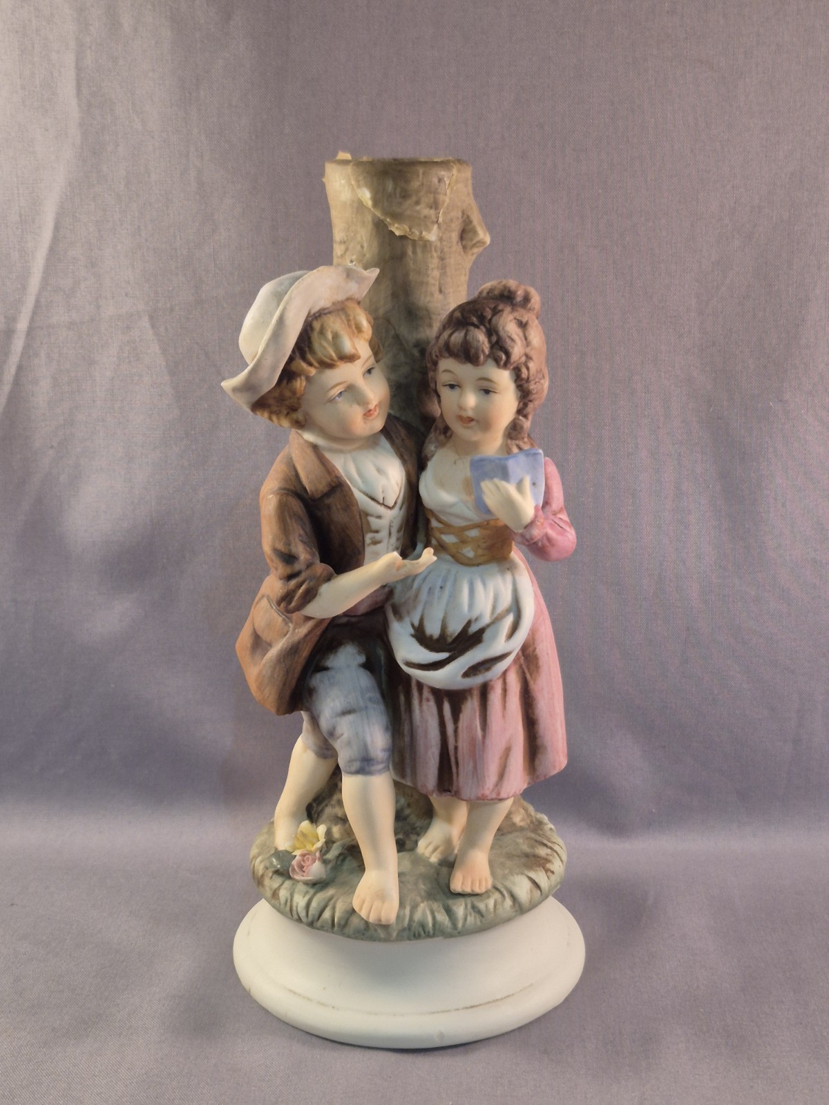 Lefton Figurine Child Girl Boy Reading Standing Tree Light Holder Green Brown