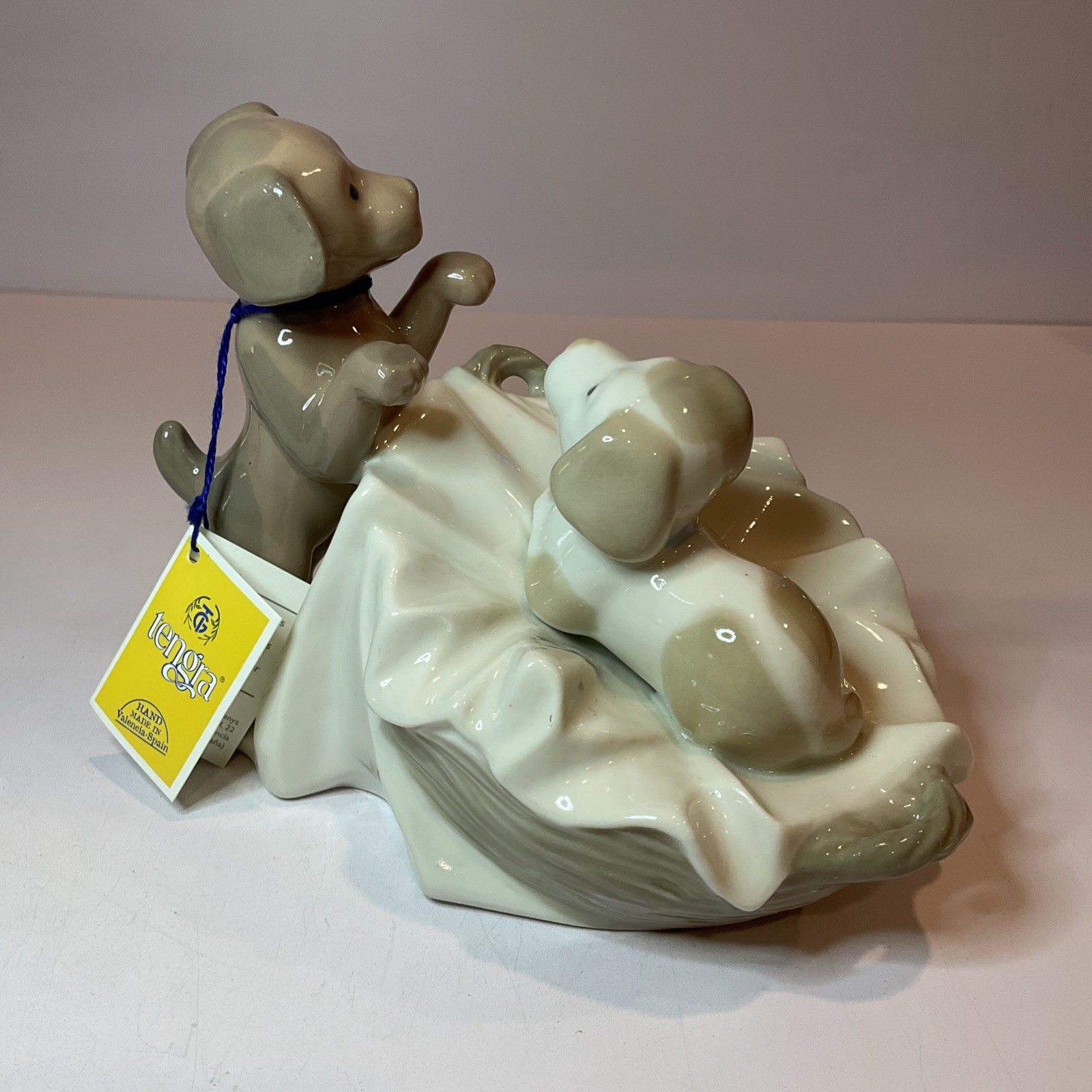 Tengra Spain Porcelain Puppies in Cradle Figurine With Tag Handmade Valencia