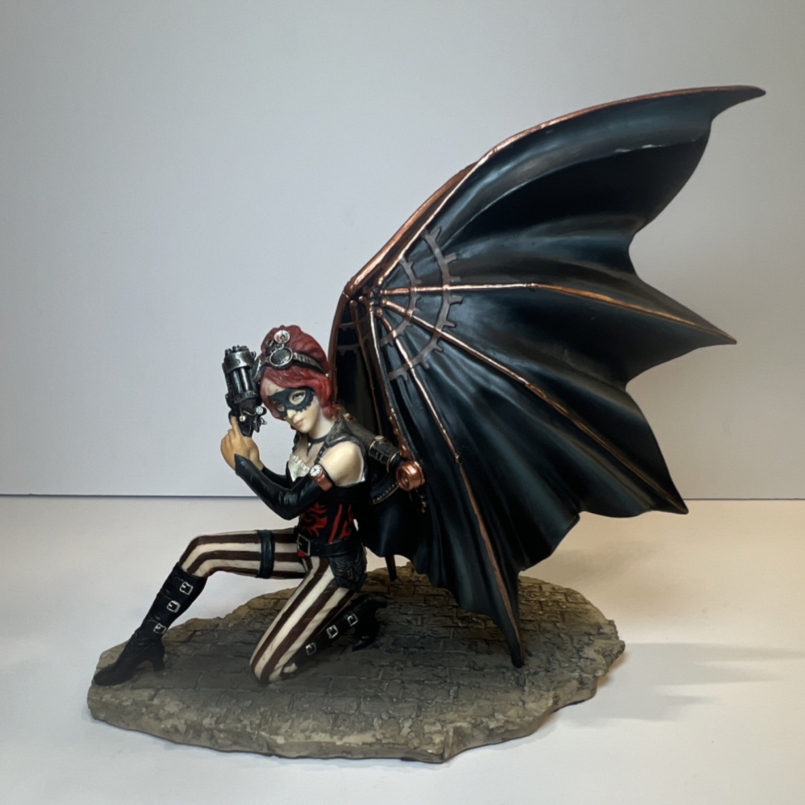 Steampunk Winged Woman Figurine w/ Gun Resin 3D Effect Black Wings Red Hair