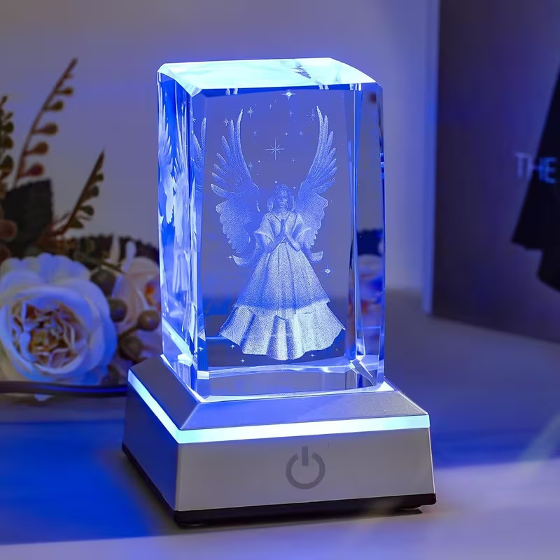3D Crystal Guardian Angel Figurine with Colorful Light Base Laser Engraved