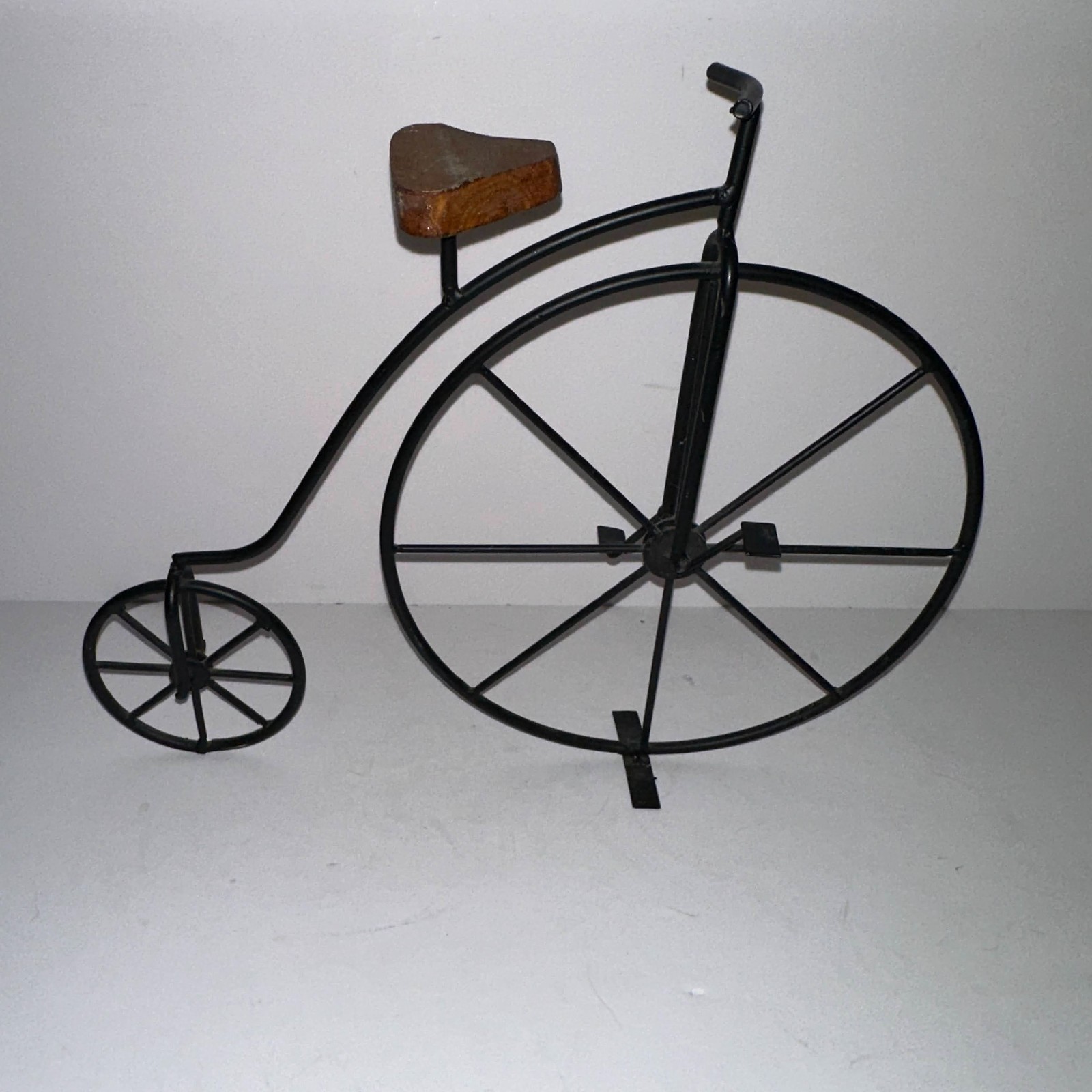 Vtg Style 12″ Penny Farthing Bicycle Metal Sculpture Wooden Seat Freestanding