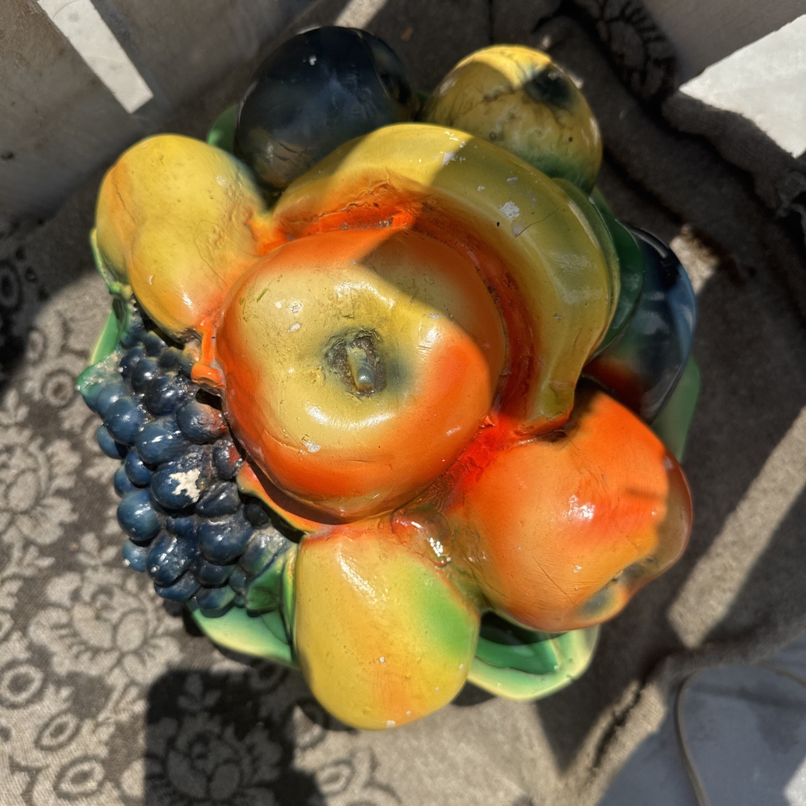Vtg Retro Antique Chalkware Fruit in Bowl Basket Markings Sculpture Figurine