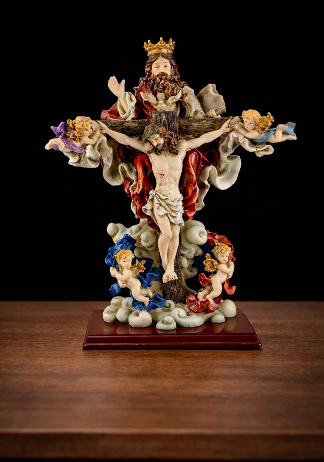 Autom, Holy Trinity – 18″ Resin Sculpture, Self Standing Crucifix on Wooden Base