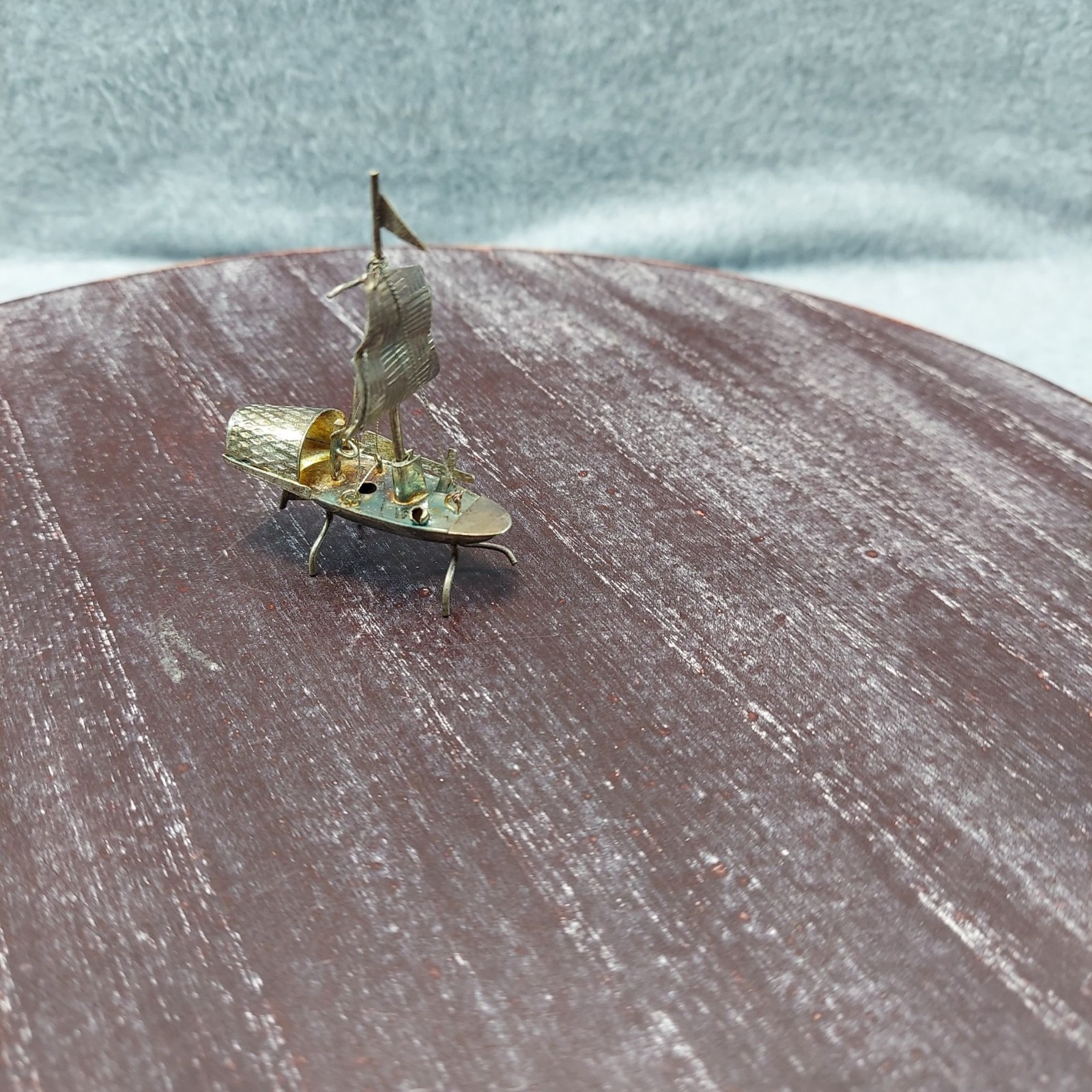 Chinese Silver Color Junk Boat Solid Metal Miniature Sailboat Sculpture Vintage
