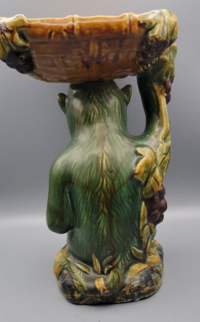 60s VTG Majolica Style Ceramic Monkey Holding Basket Pedestal Bowl Figurine 9.5″
