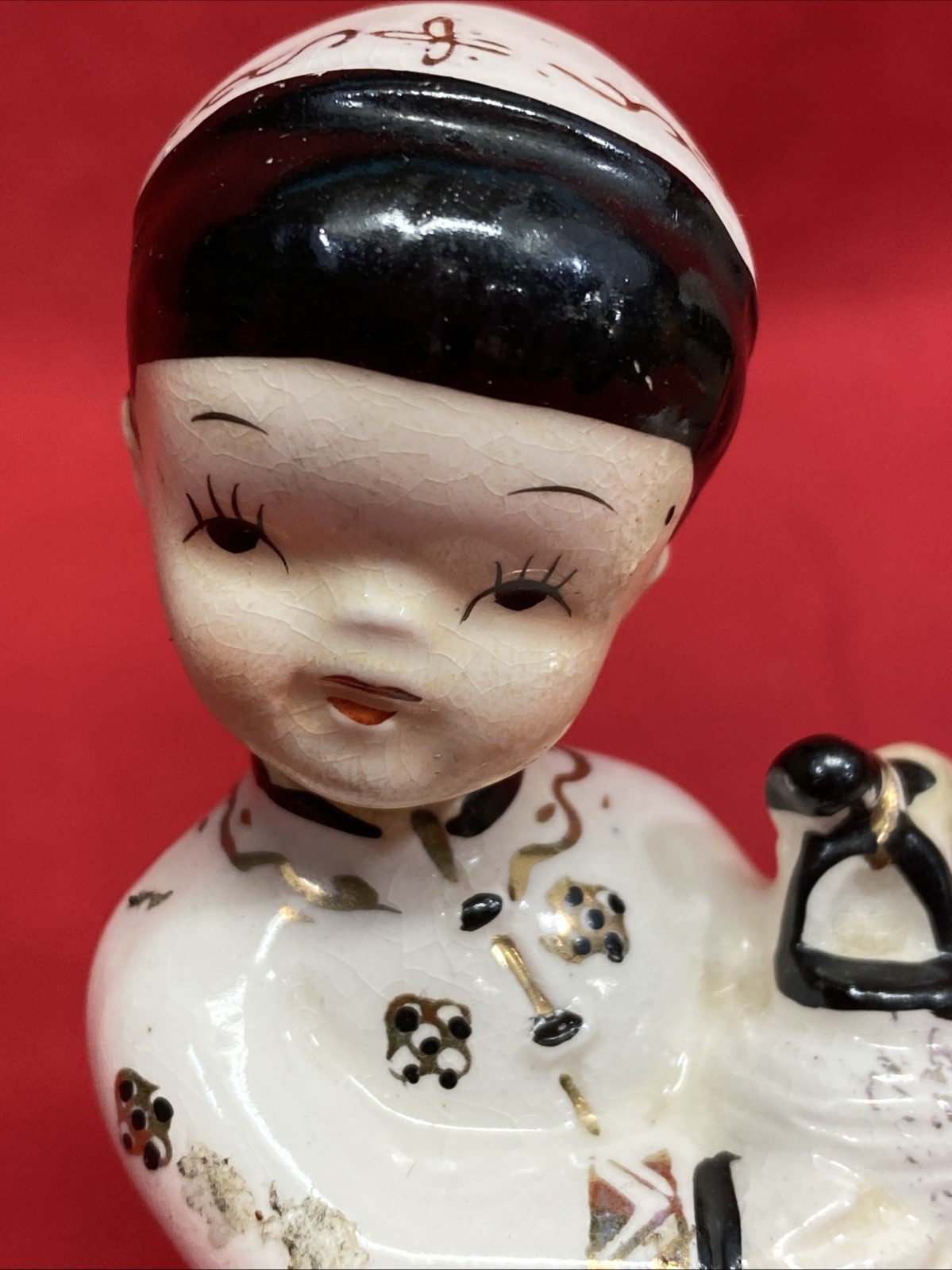 Set of 2 Asian Figurines Holding A Jug White W/ Black & Gold Trim 8 3.25″ High