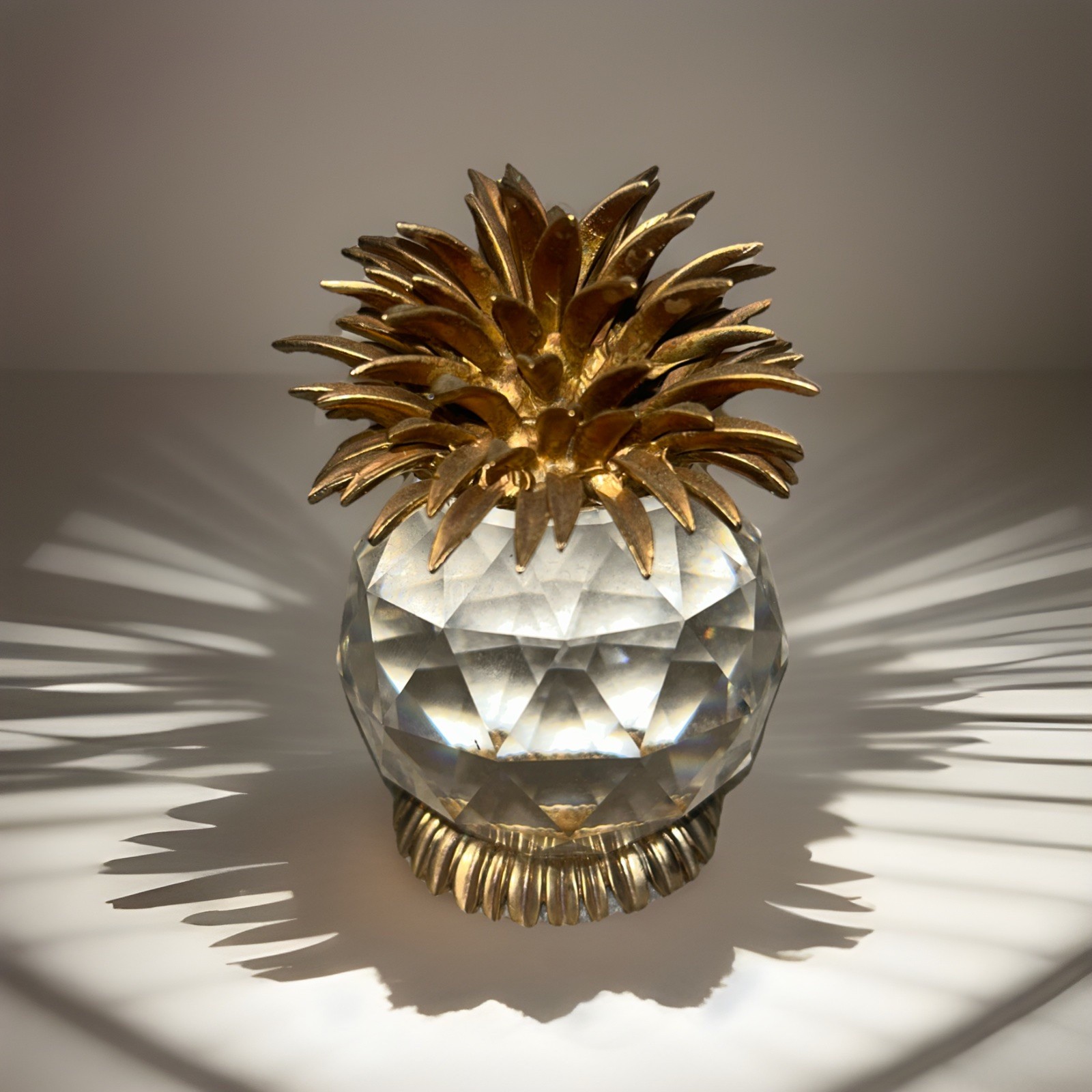 Kenzo Atari Crystal Pineapple Fruit w/Gold Toned Leaves and Base 4” Tall 1992