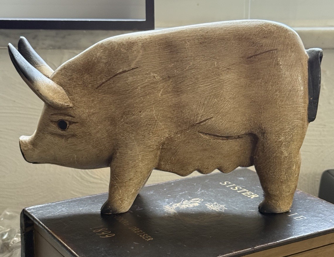Hand Carved Hand Painted Wood 9.5″ x 6″ Hog Sow Pig Thailand Nice Collectible