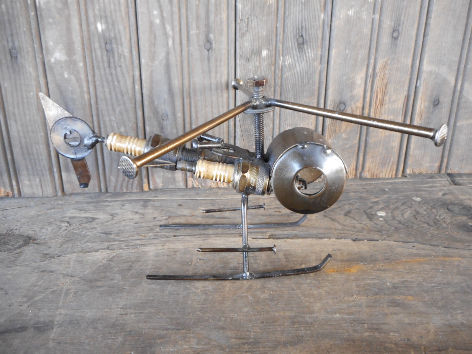 Helicopter Recycled Metal Spark Plug Nail Helicopter Figurine Hand Made Used