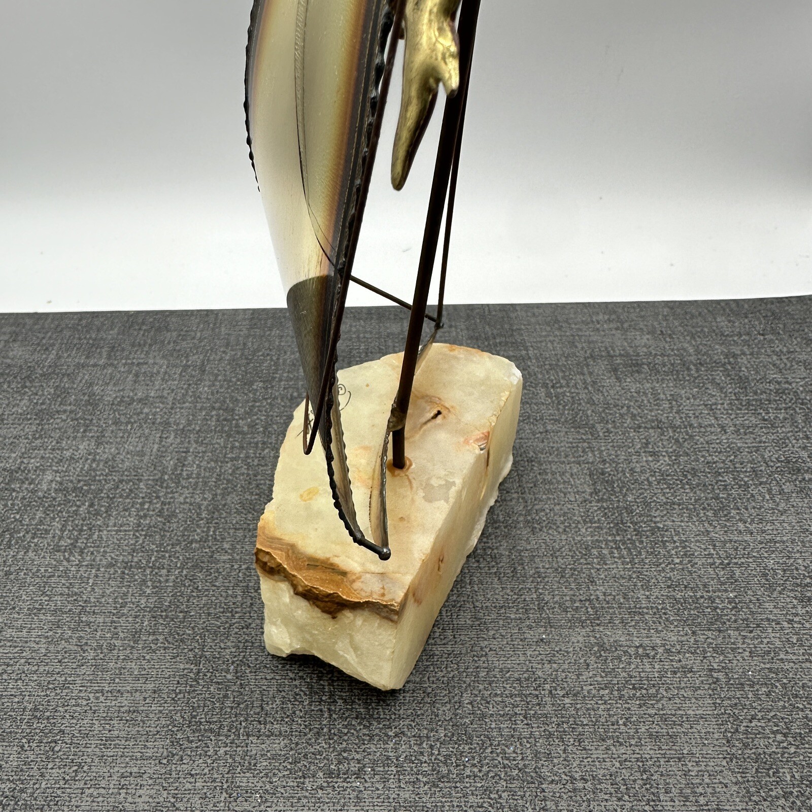 Vtg John DeMott Signed Metal Sailboat Sculpture Stone Base 10″ MCM 1975 Tag