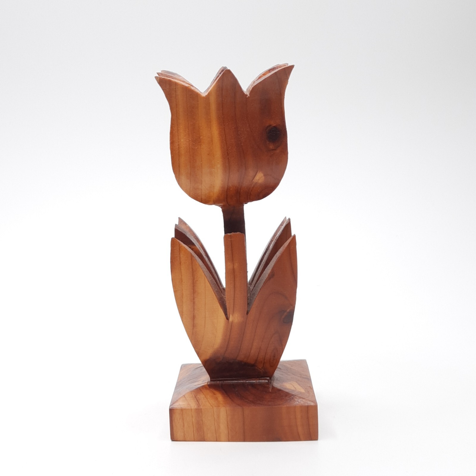 3D Carved Wooden Tulip Sculpture Figurine Single Piece Knot Wood 6″ VTG