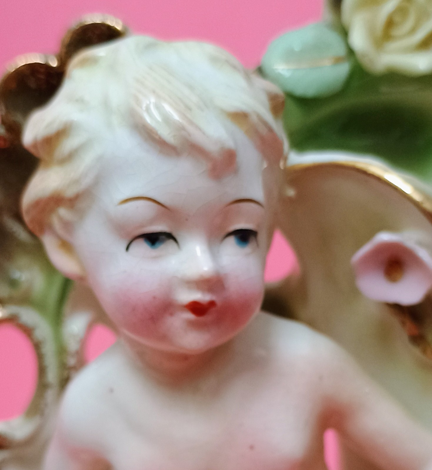 Vintage Bisque Cherub Putti Figurine Vase Hand Painted Porcelain Japan
