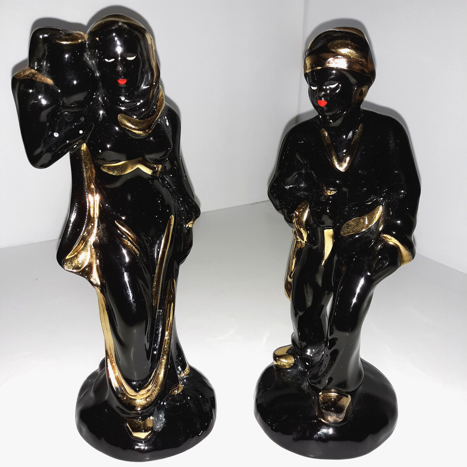 Vintage Art Deco Ceramic Black & Gold Woman & Man Figurines 2 Pc Set Statues H9″