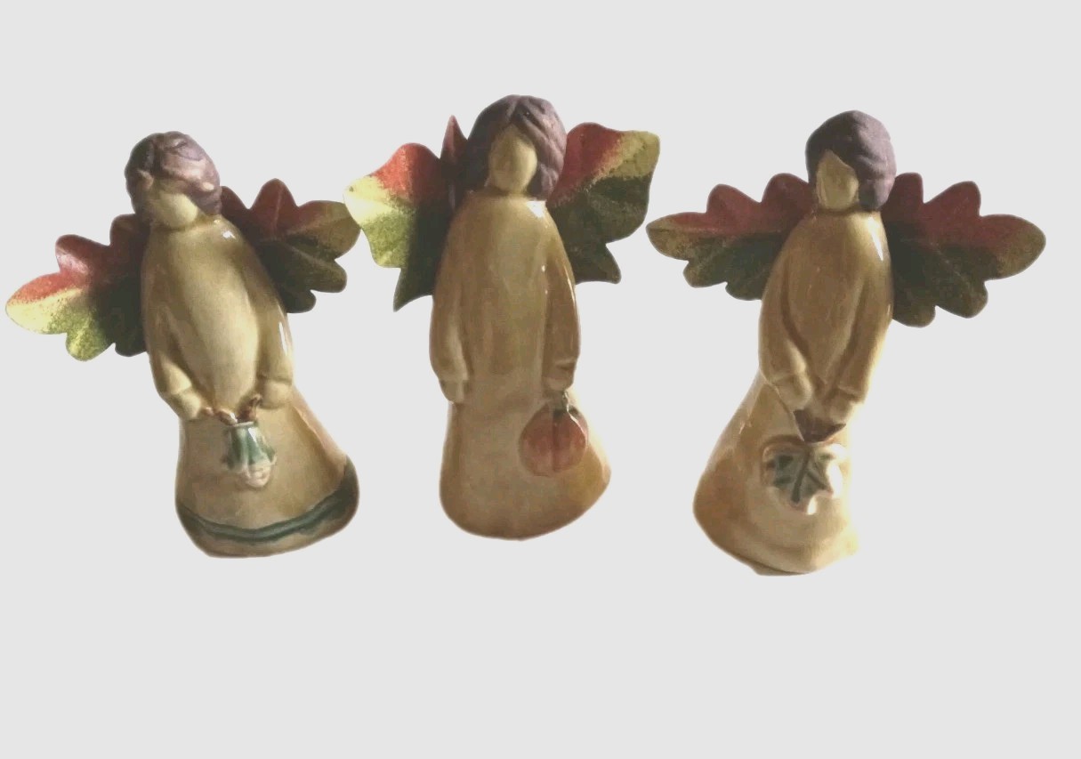 Ceramic Autumn Fall Leaves Thanksgiving Angel Figurines Set Of 3 Metal Wings