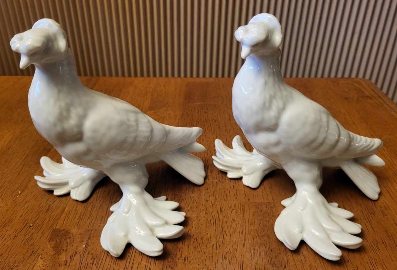 Vintage Pair of Jos Van Dijk Woestijnroos Porcelain Trumpeter Pigeons Sculptures