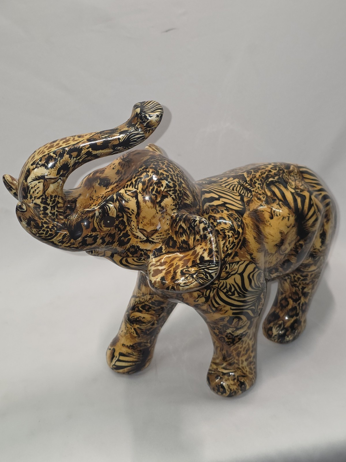 Vintage Safari Elephant Figurine Resin Faux Tortoiseshell Patt & Animal Print