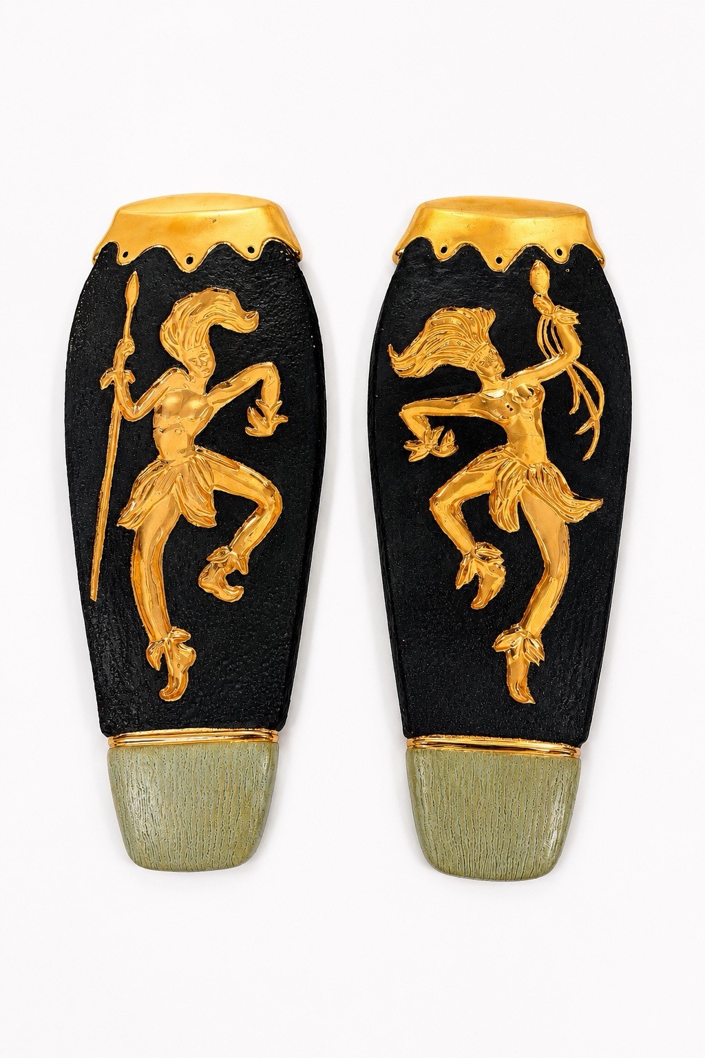 Vtg Pair Chalkware African Dancer Wall Plaques MCM Black Gold 18.25” Tribal
