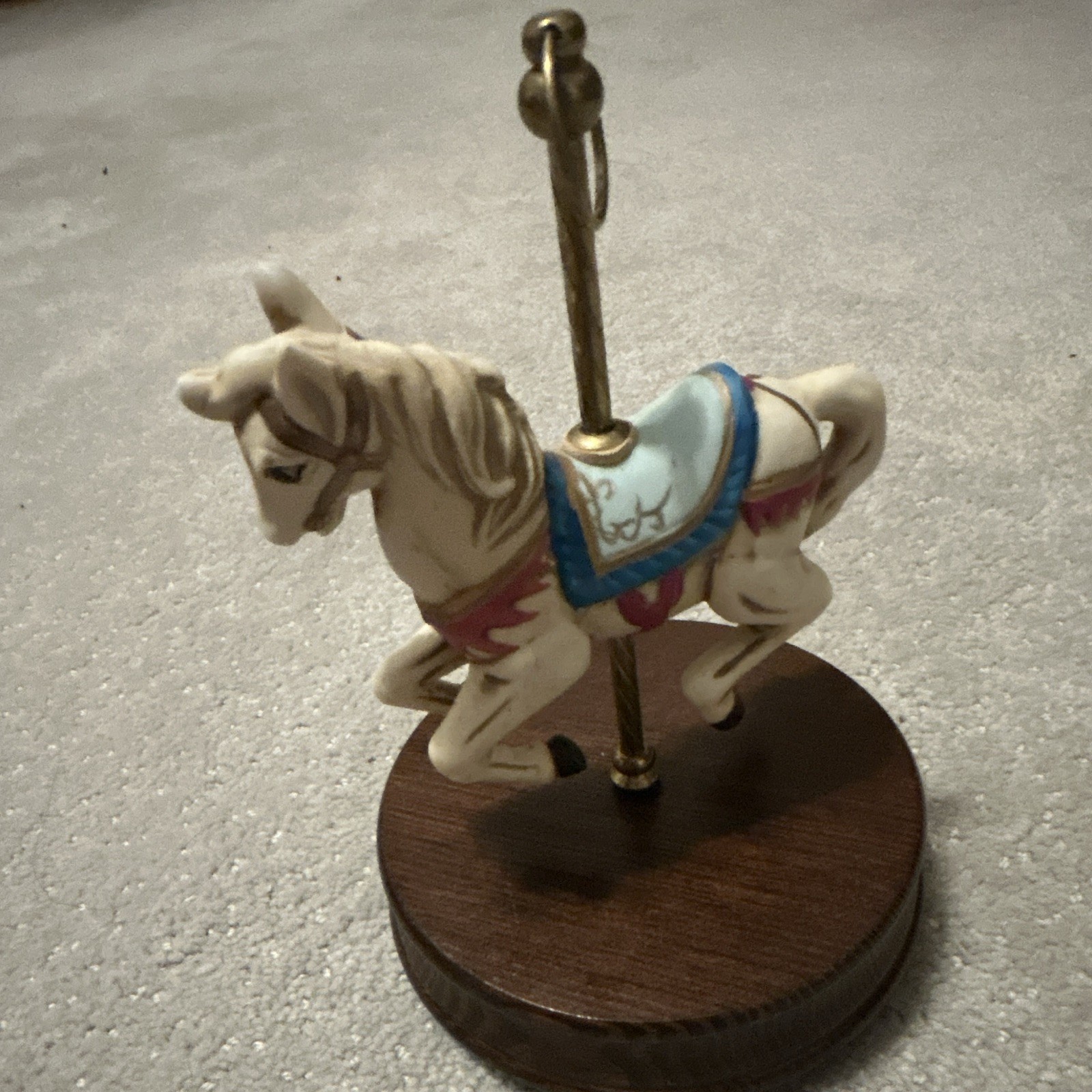 Carousel Horse Statue On A Wooden Base w/ Metal Pole, Made in Taiwan