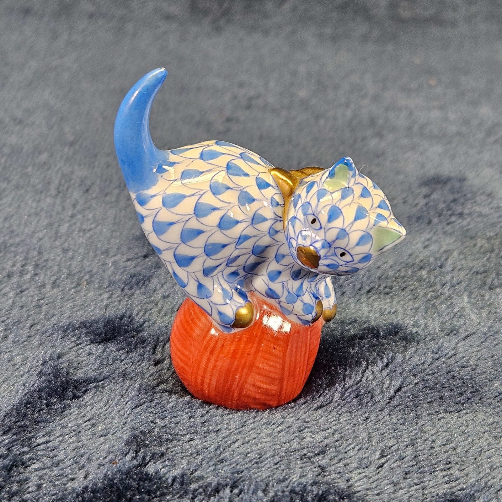 Herend Porcelain Mischievous Blue Fishnet Kitty Cat on Orange Ball Yarn Figurine