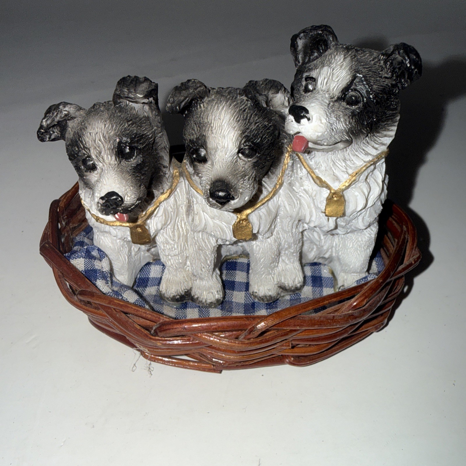 Vintage 3 Black White Dogs Figurine In Brown Wicker Basket Resin Gingham Cloth