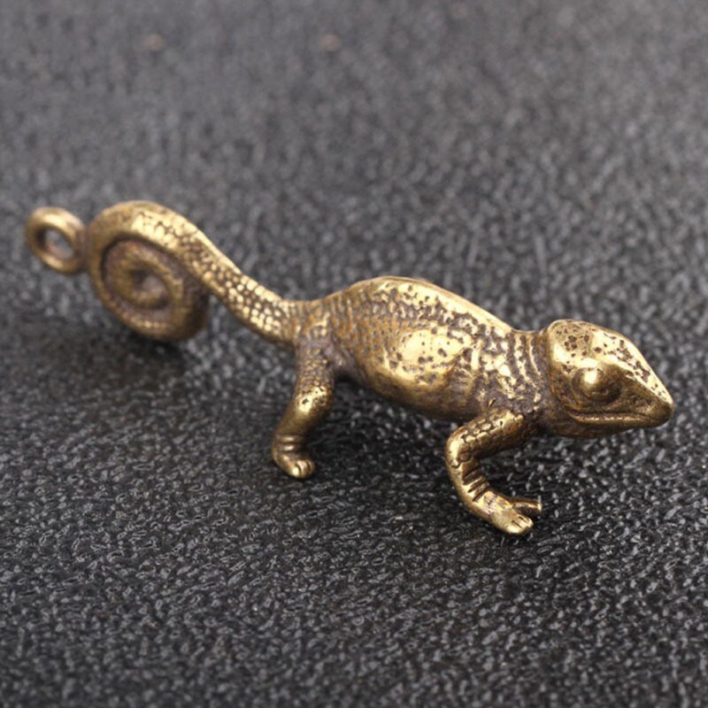 Solid Brass Tropical Desert Animal Lizard Statue Chameleon Ornament Keychain Toy