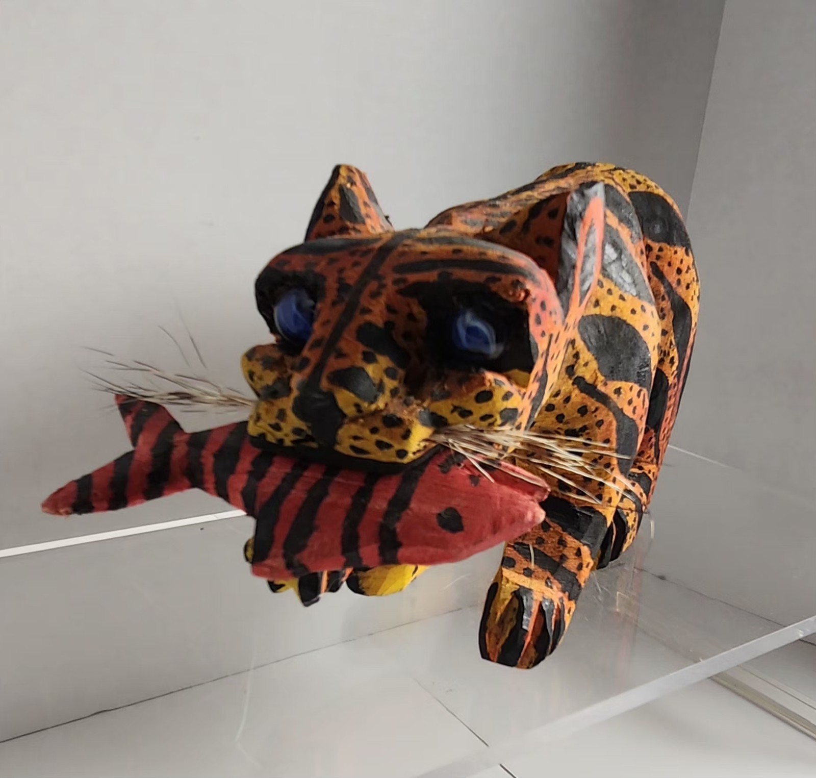 Carved Wood Hand Painted Crouching Tiger With Prey Whiskers Marble Eyes