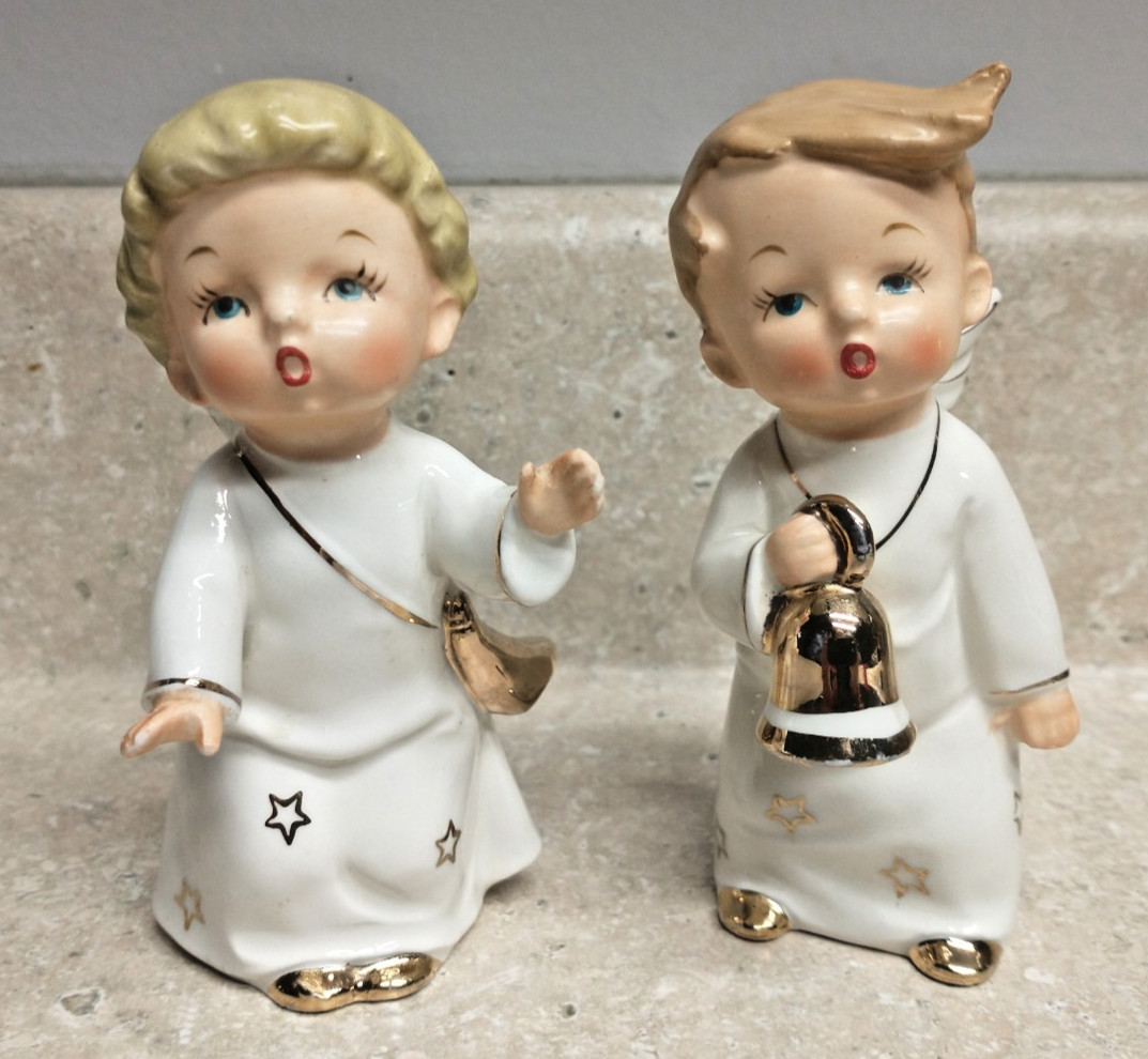 2 VTG 1950s White Gold Porcelain Christmas/New Year Winged Angel Figurines JAPAN