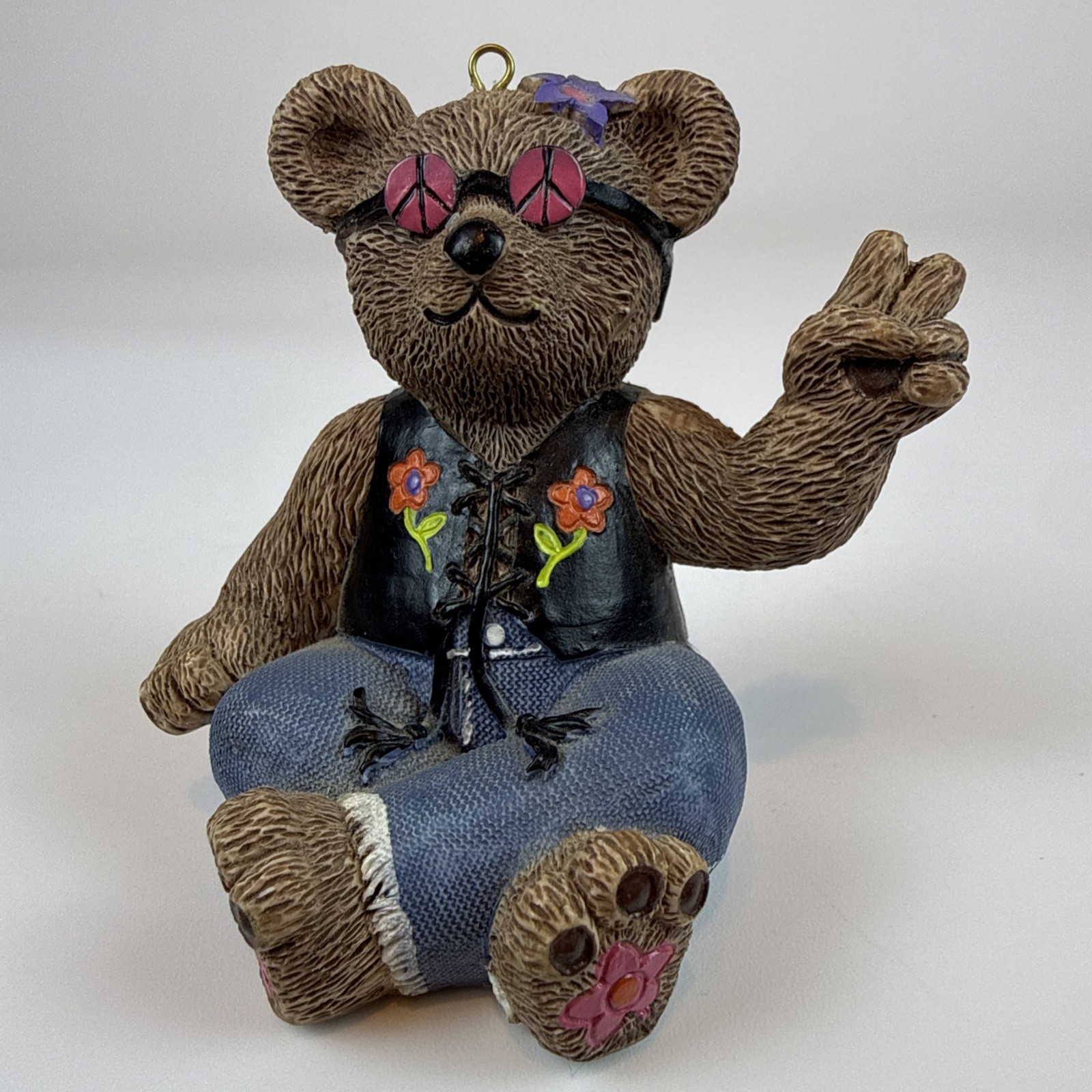 Vintage 1997 Claires Peace Hippie Bear Resin Figurine Ornament Retro 90s Decor