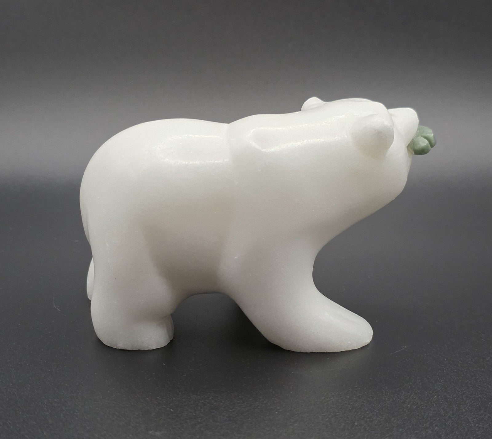 Vintage Carved White Quartz Polar Bear Figurine Green Jade Fish Sculpture Signed
