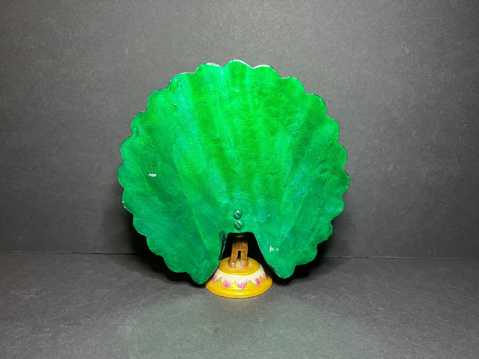 VTG Signed Hand Painted Blue & Green Metal Folk Art Dancing Peacock Figure 5.5″