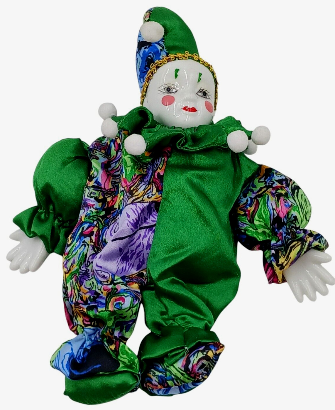 Classic Porcelain Clown Doll Colorful Fabric 11 Inches Tall 990’s Vintage Nice