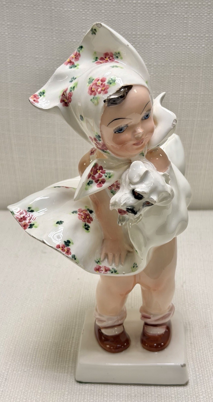 Vintage 1950s Signed C. Mollica Italian Glazed Ceramic Figurine of Girl and Dog