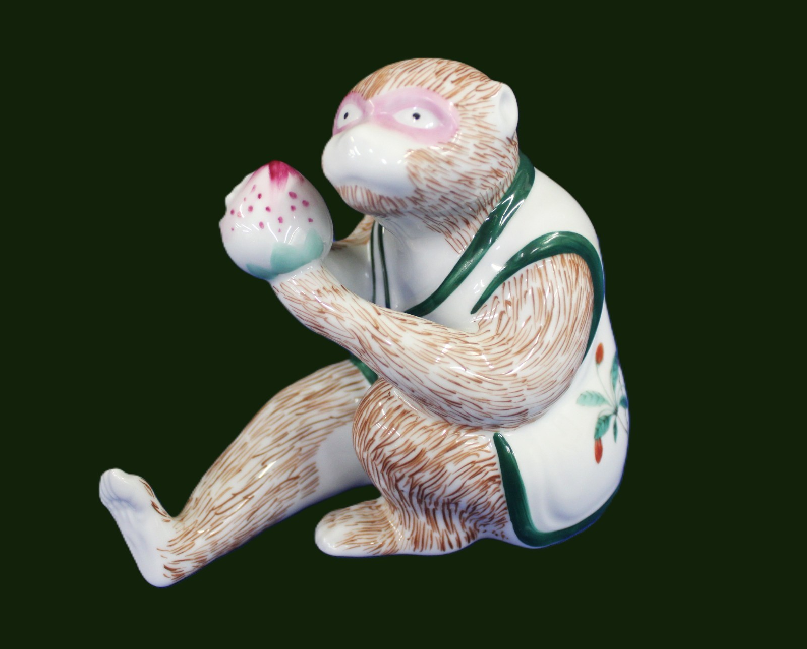 Mottahedeh Monkey Figurine in Famille Verte Vest With Exotic Fruit