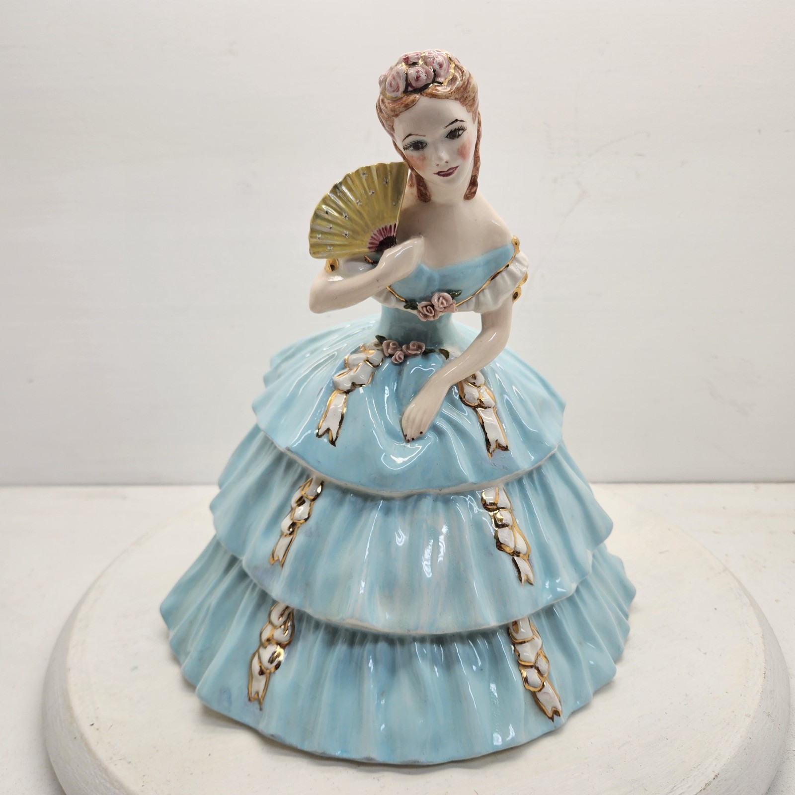 Large Handpainted Ceramic Lady In Beautiful Blue Dress 10 1/2″ Tall Vintage
