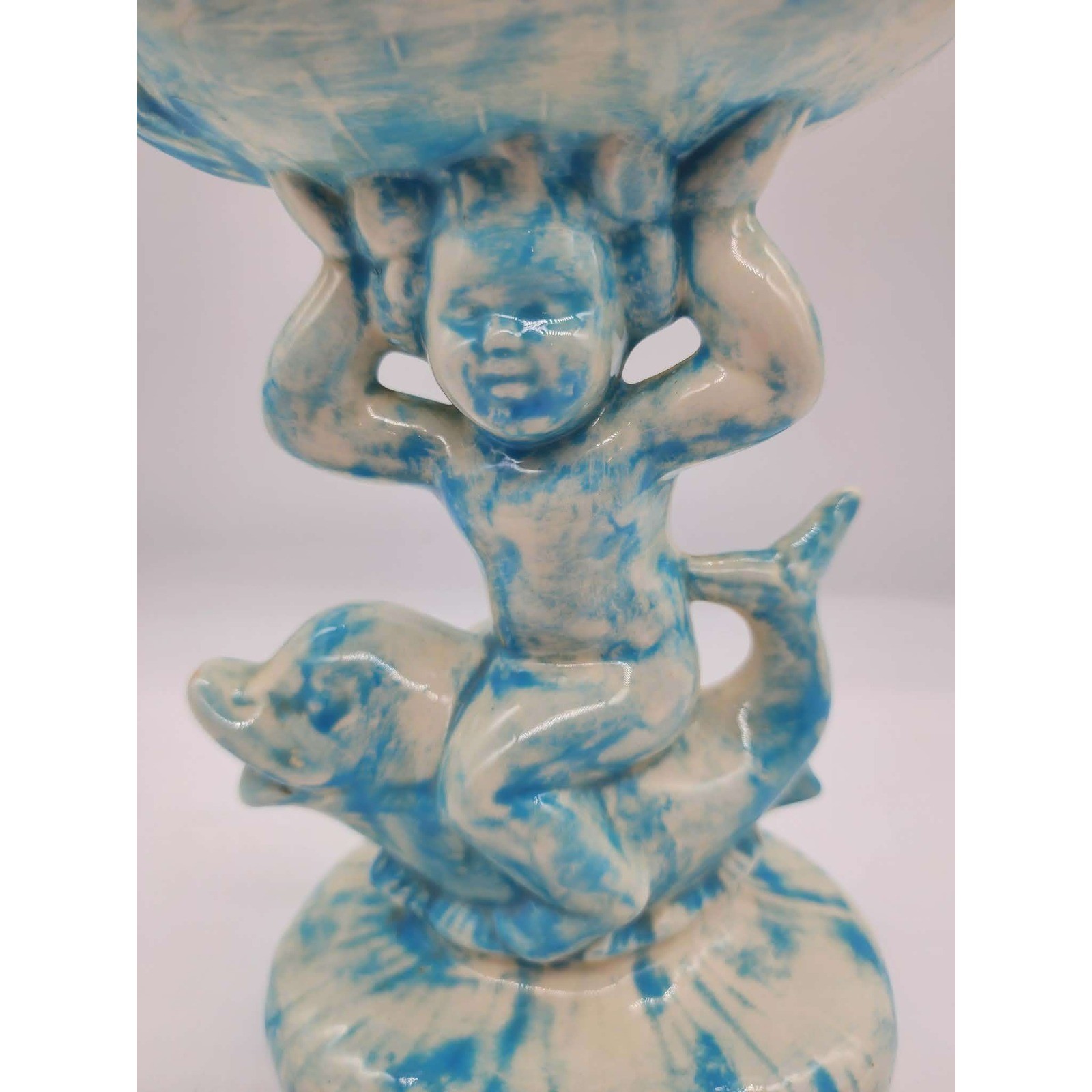 Vintage Blue White Ceramic Cherub Riding Dolphin Shell Soap Dish Trinket Bowl