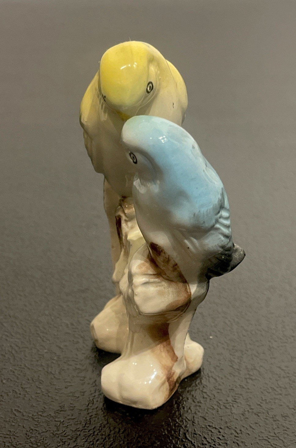 Vintage Ceramic Japan Paroquet Figurine Blue and Yellow Parakeets Bird on Branch