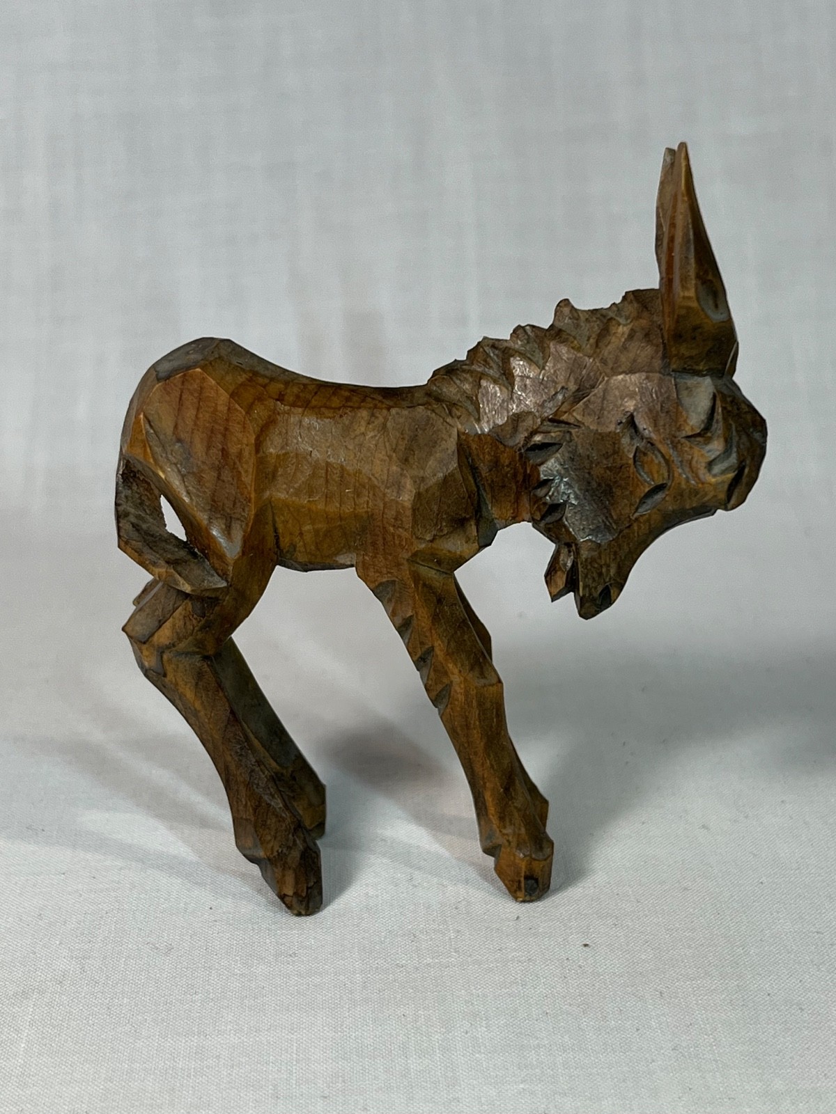 Vintage European Hand Carved Wooden Donkey Figurine Folk Art Faceted Style
