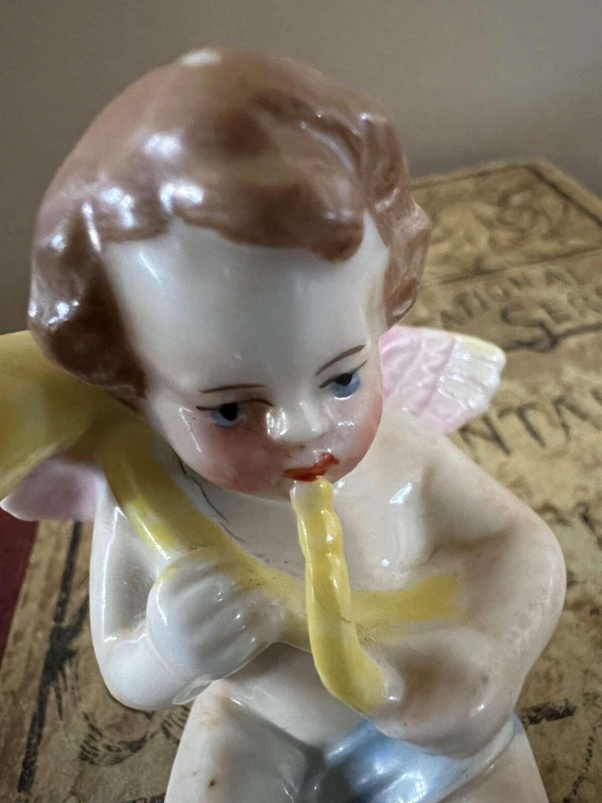 Antique RARE German 1800s German Cherub PUTTI playing horn Scheibe Alsbach