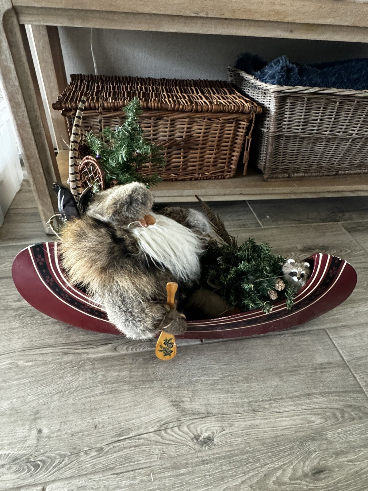 RUSTIC Trapper Santa Mountain Real Fur Rowing canoe Skis Raccoon Centerpiece XL