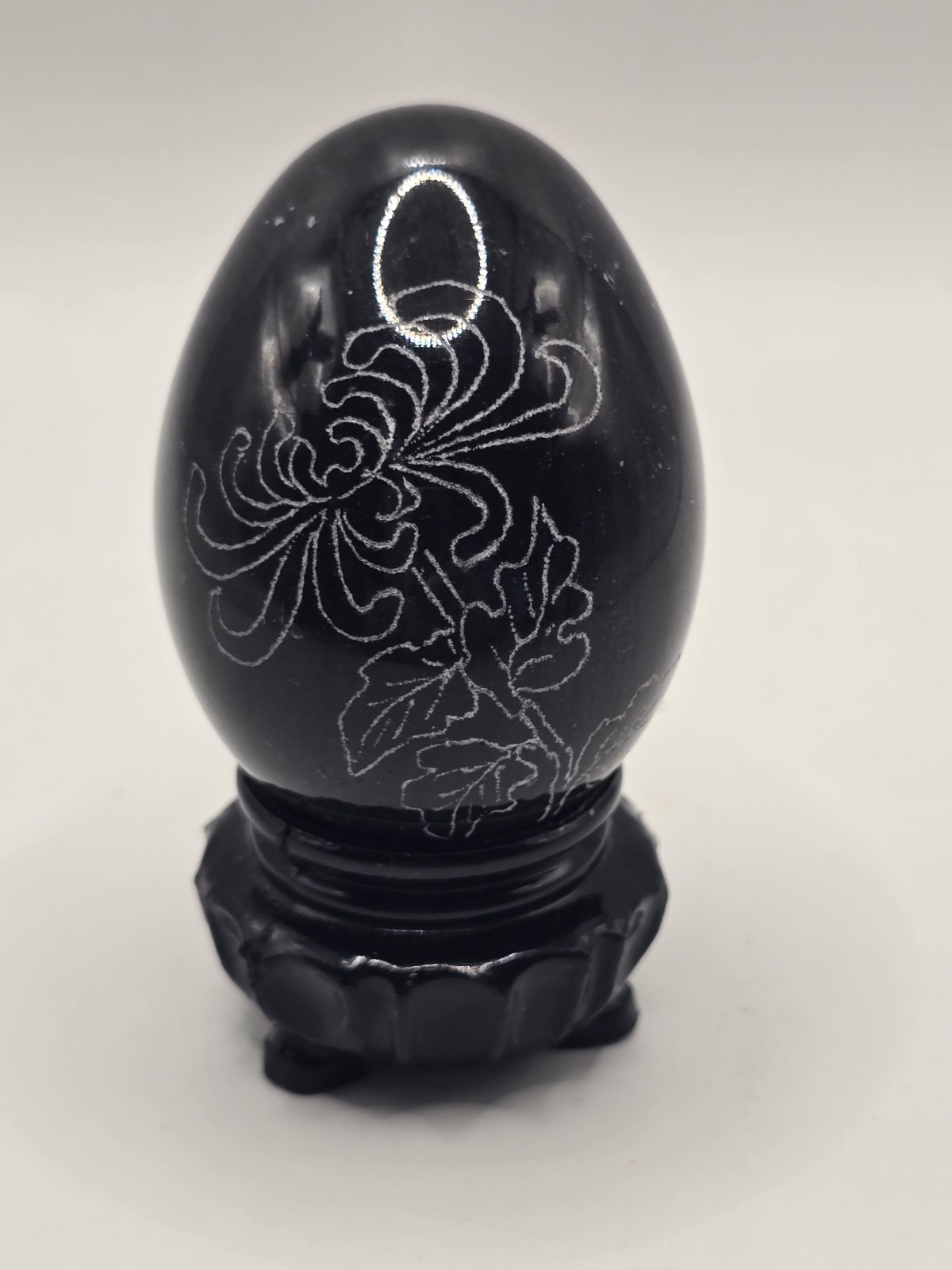 Black Marble decor collectible Egg with etched flower 3 in. w/ stand