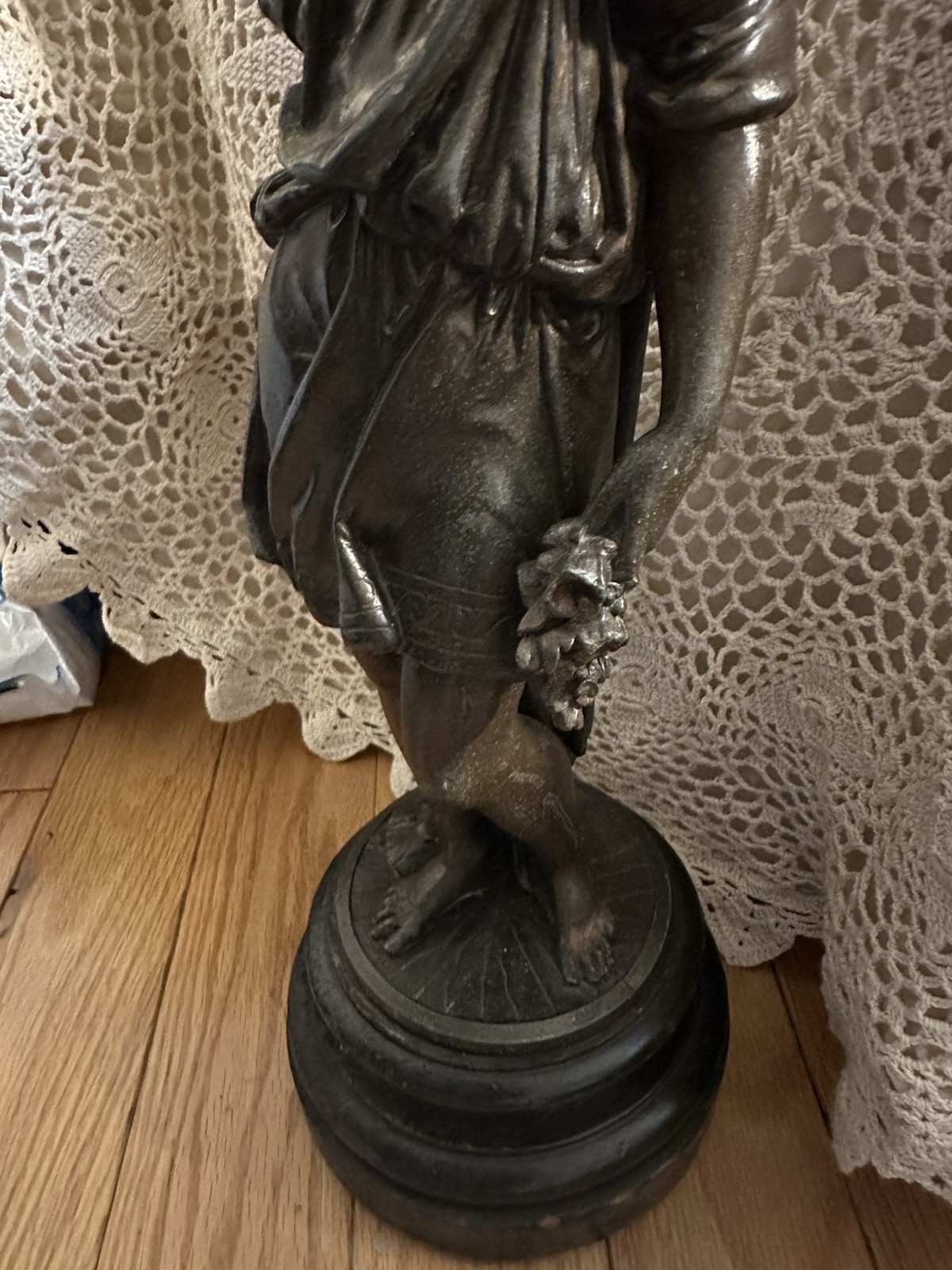 Beautiful Antique Bronze Statue Woman Flowers Heavy 17″ As Is ** Missing Arm