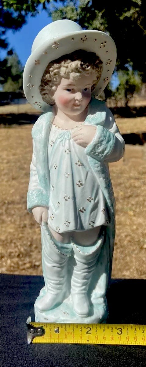 ANTIQUE GERMAN BISQUE BOY FIGURINE W/TOP HAT & FANCY CLOTHES 10.5 In