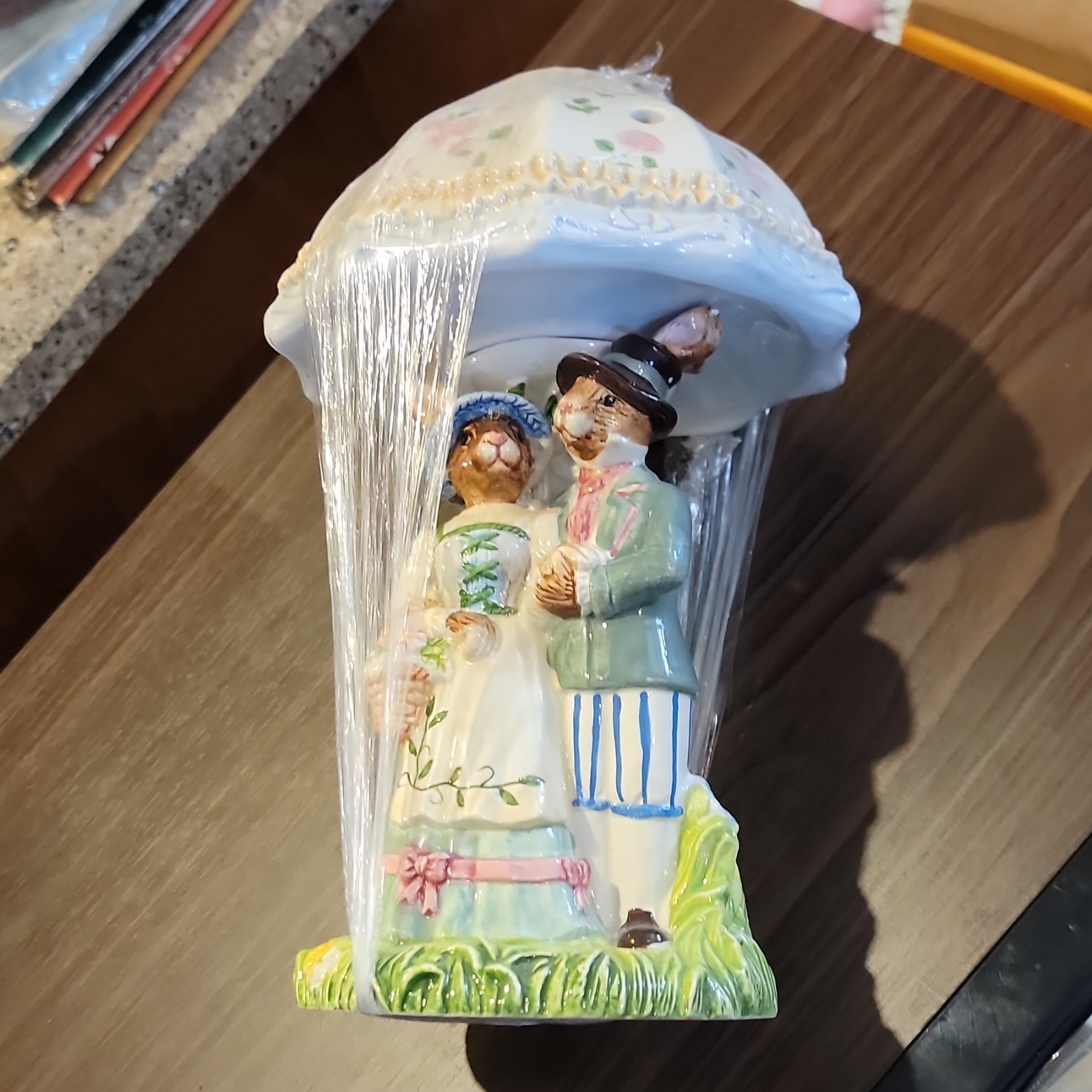 Ceramic Rabbit Couple Figurine Easter Floral Umbrella Painted Fitz & Floyd