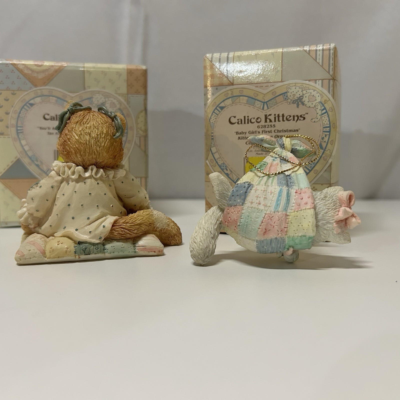 Lot 2pc 90s Calico Kittens Cats VTG Collection Figures, Displayer, in Box