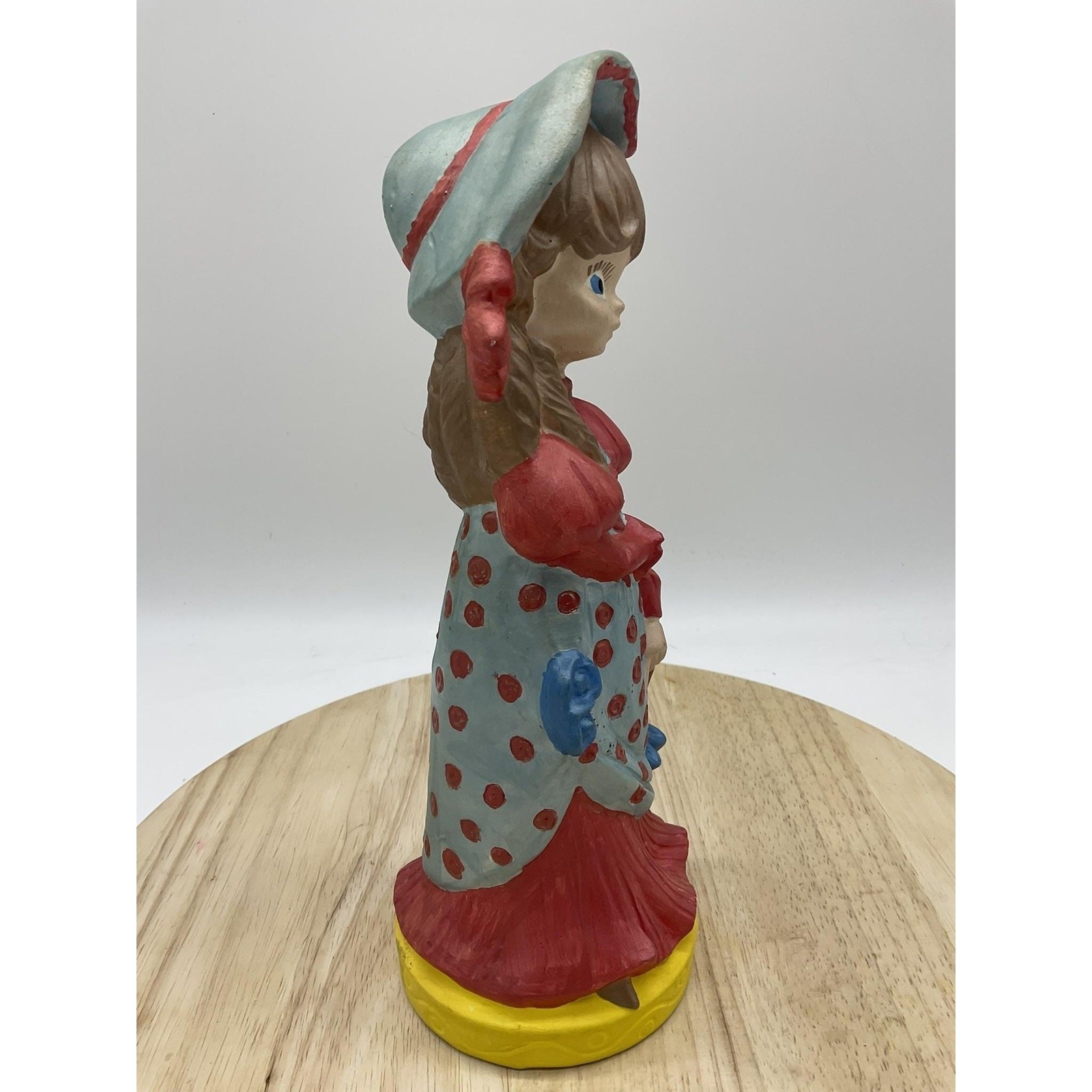 Vintage Unmarked Chalk Girl Figurine Bonnet Polka Dot Dress Medium Multicolor