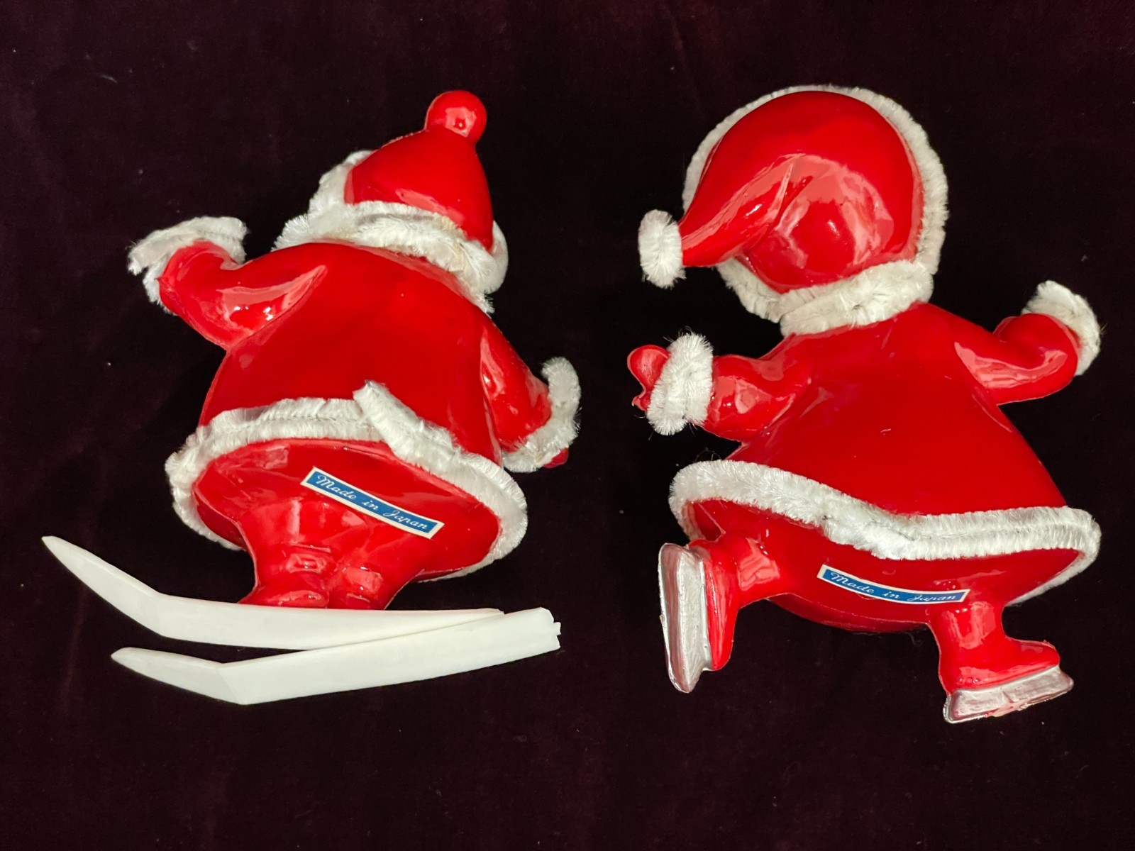 Vtg Snow Skiing Santa and Ice Skating Mrs Claus Plastic Japan Ornaments MCM