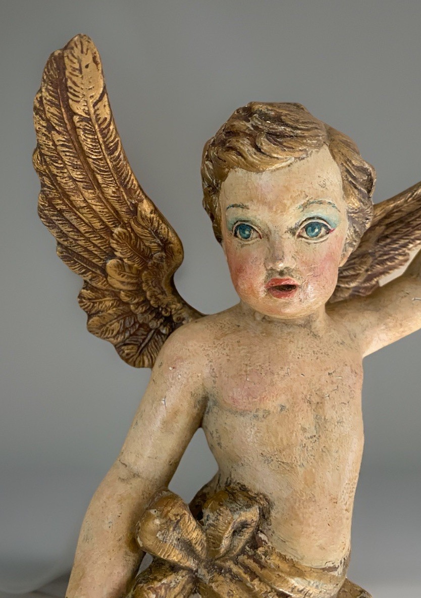 Antique Italian Church Carved Wood Putto 13” Cherub