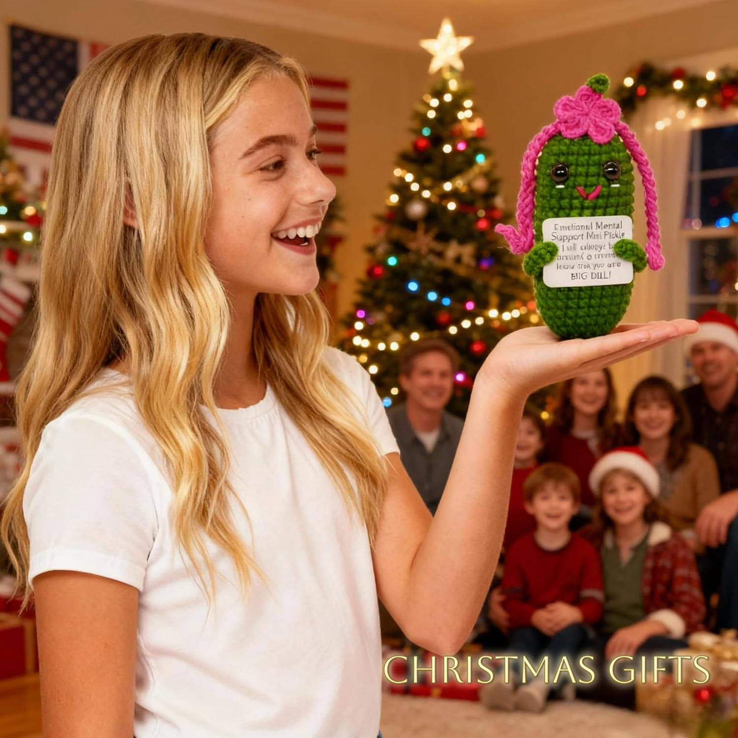Crochet Pickle Gift with Encouraging Cards,Funny Gifts for Girls Women Teens,Val