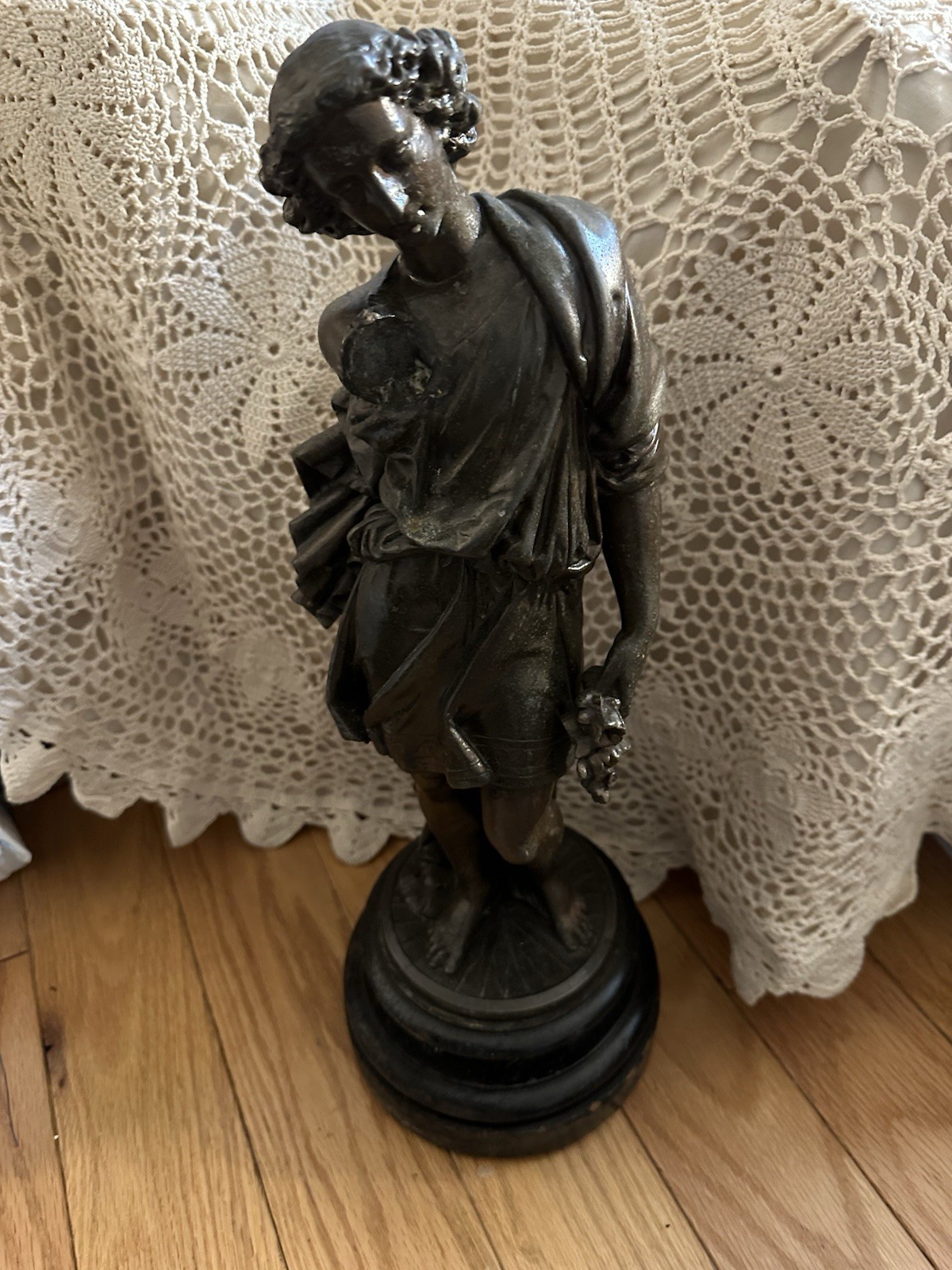 Beautiful Antique Bronze Statue Woman Flowers Heavy 17″ As Is ** Missing Arm