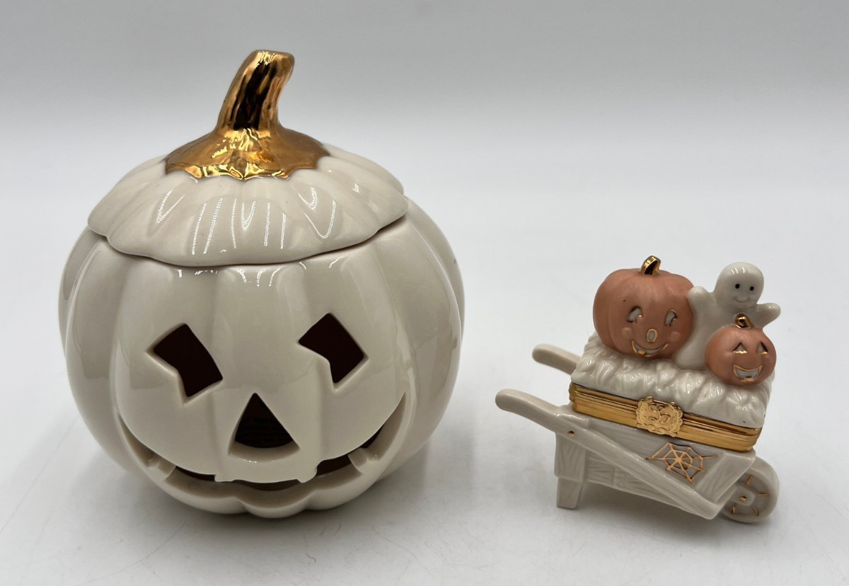 Lot of 2 Lenox Halloween Jack O Lantern Tea Light Holder & Hayride Trinket Box